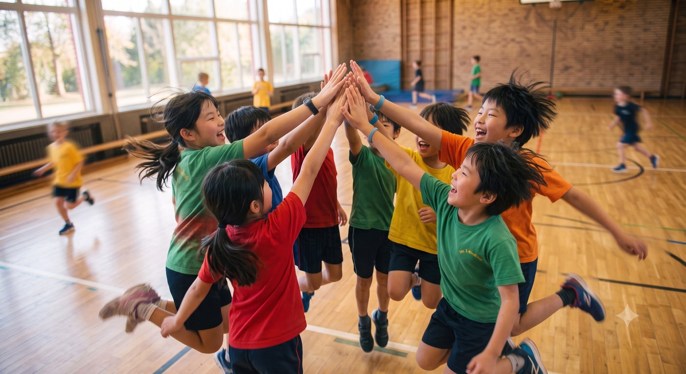 みんなでハイタッチする子どもたち（体育館での活動のようす）