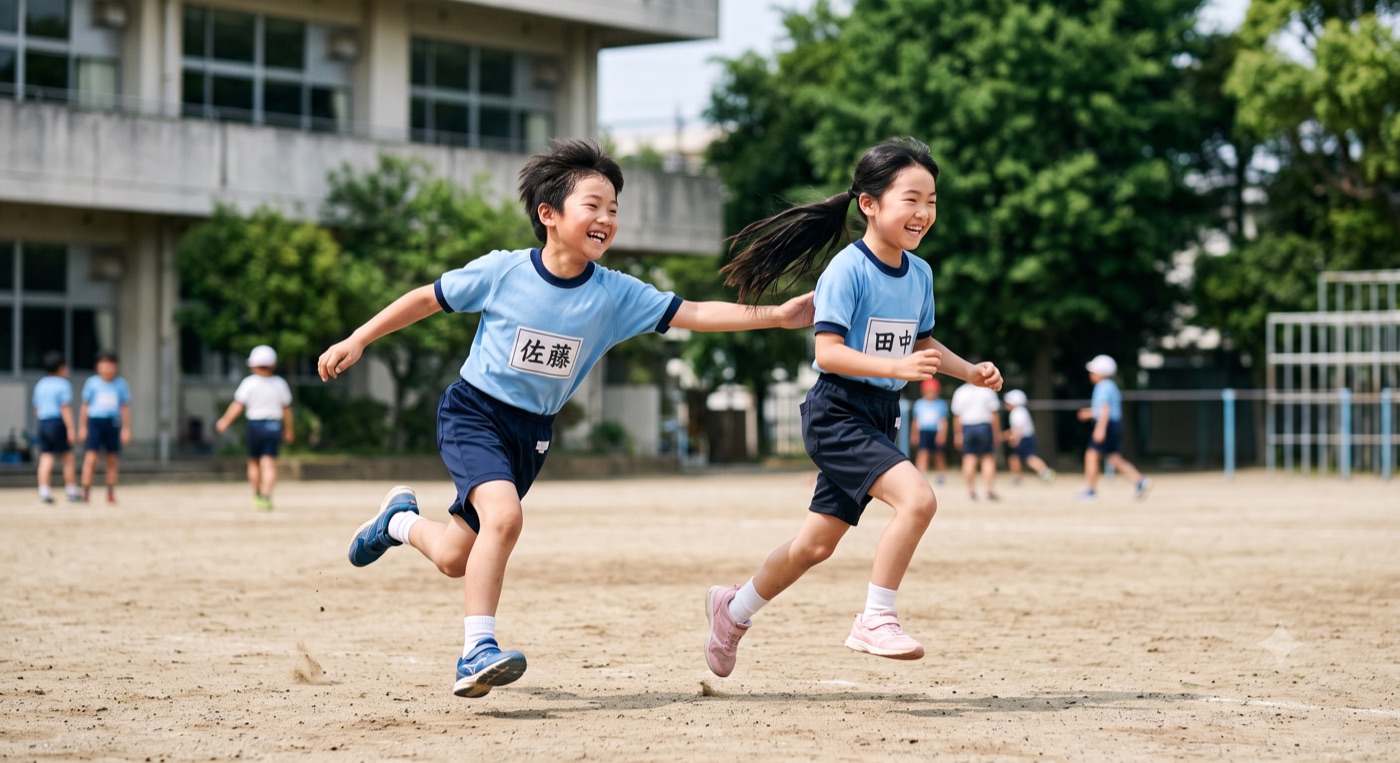 校庭でおにごっこをする子どもたち